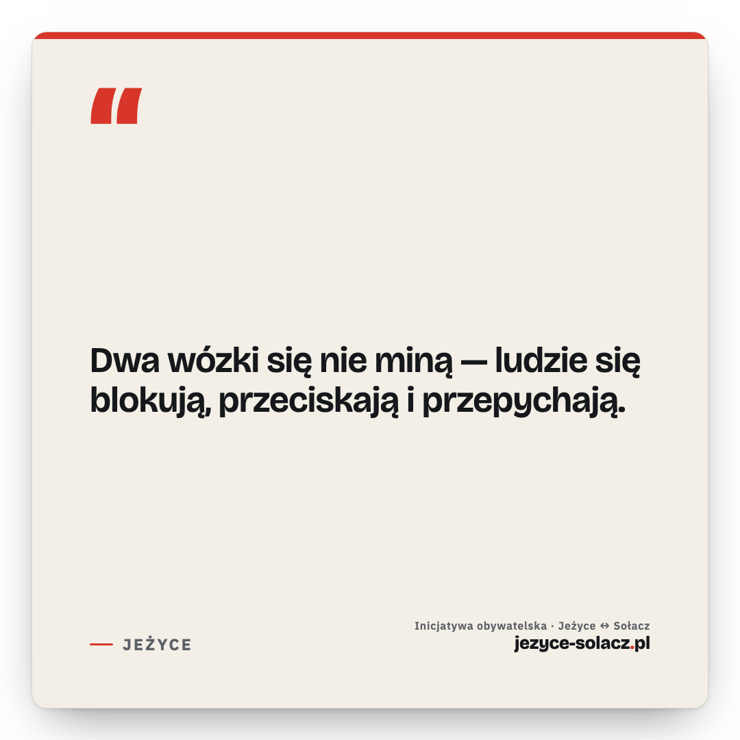 Karta cytatu: „Dwa wózki się nie miną — ludzie się blokują, przeciskają i przepychają.” — Jeżyce